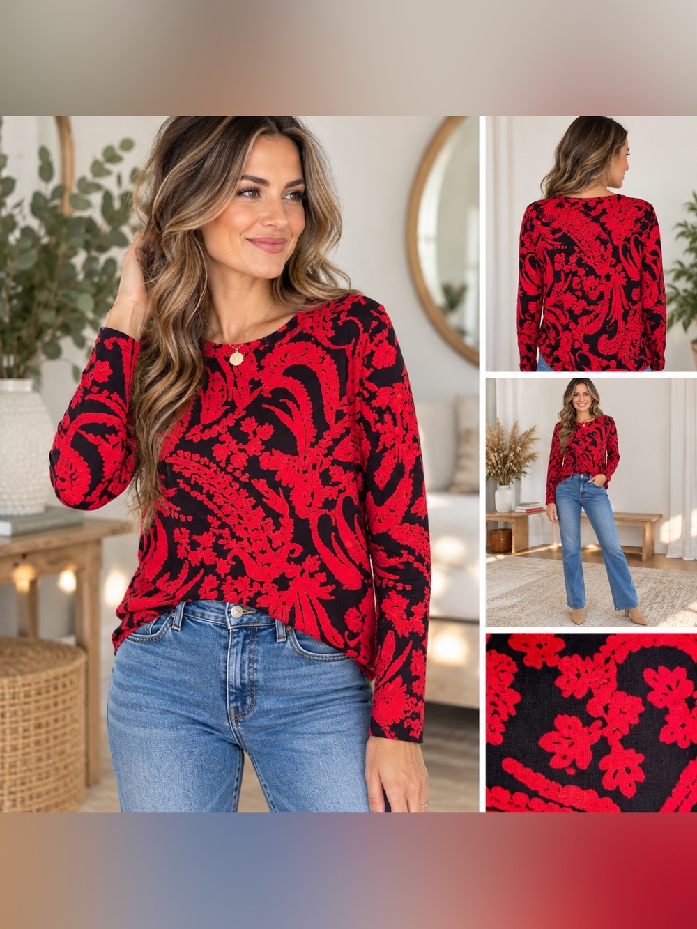 Chico’s Size 2/L Red Black Paisley Floral Long Sleeve Stretch Top